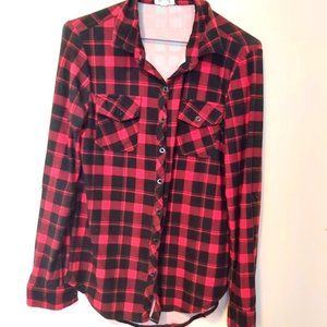 ARDENE | Girls Button Down Plaid Shirt Black Red Size Small